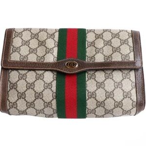 Gucci Beige Ophidia GG Canvas Clutch with Red & Green Web Stripe